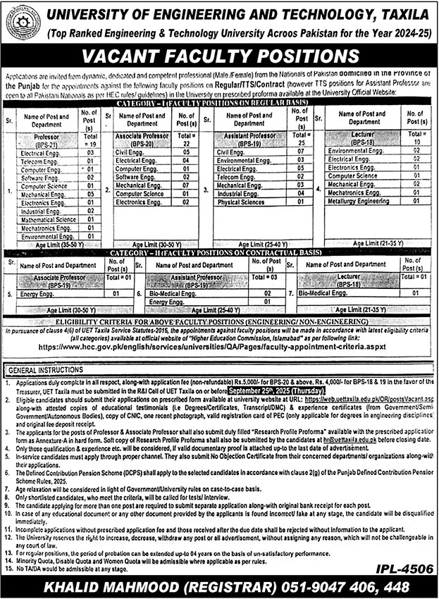 Jobs in University of Engineering & Technology Taxila